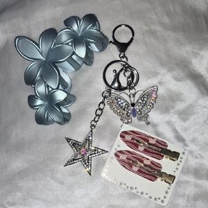 Rhinestone Butterfly & Star Keychain Charm - Silver